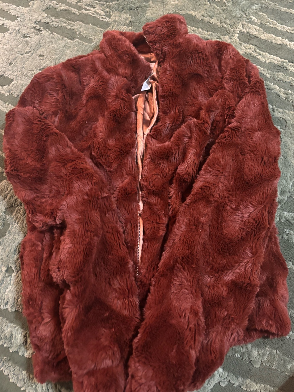 Plush Faux Fur Hooded Teddy Jacket in Rust